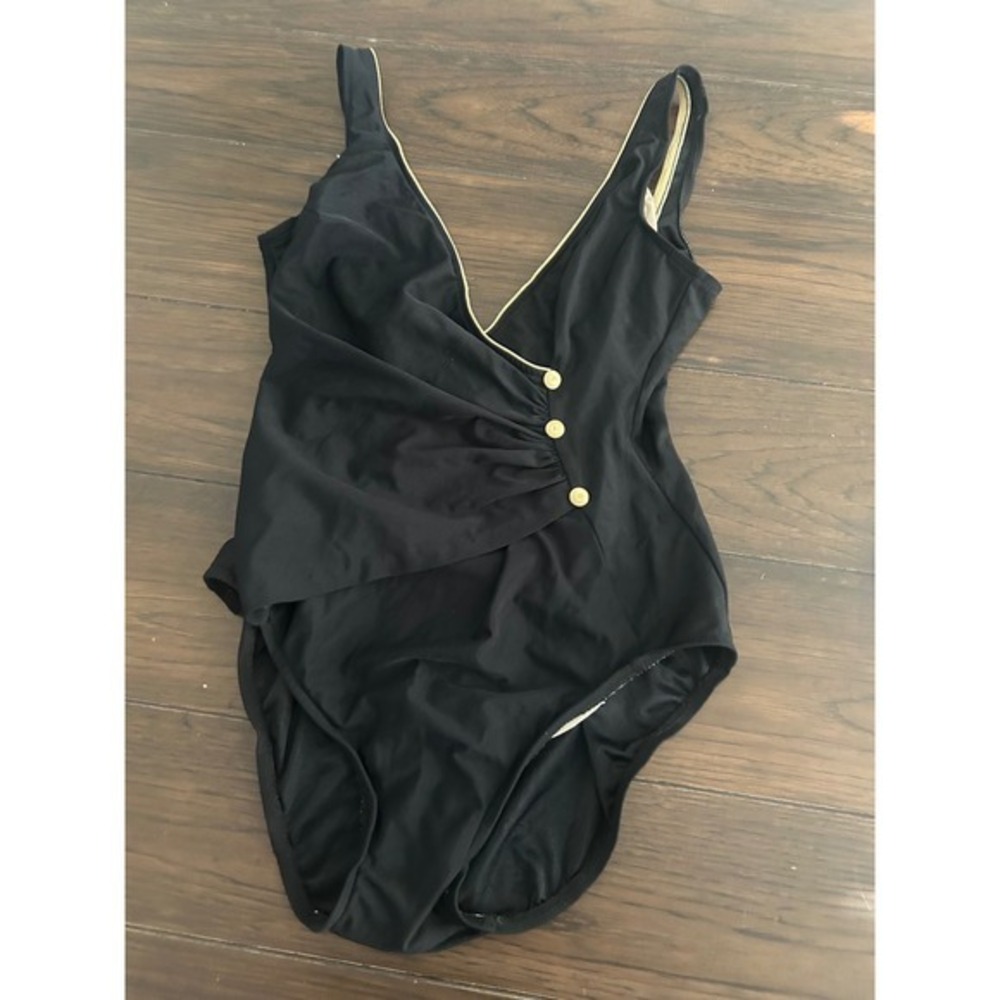Cosabella Women Black Gold Trim Surplice One Piece Swimsuit Button Accent L